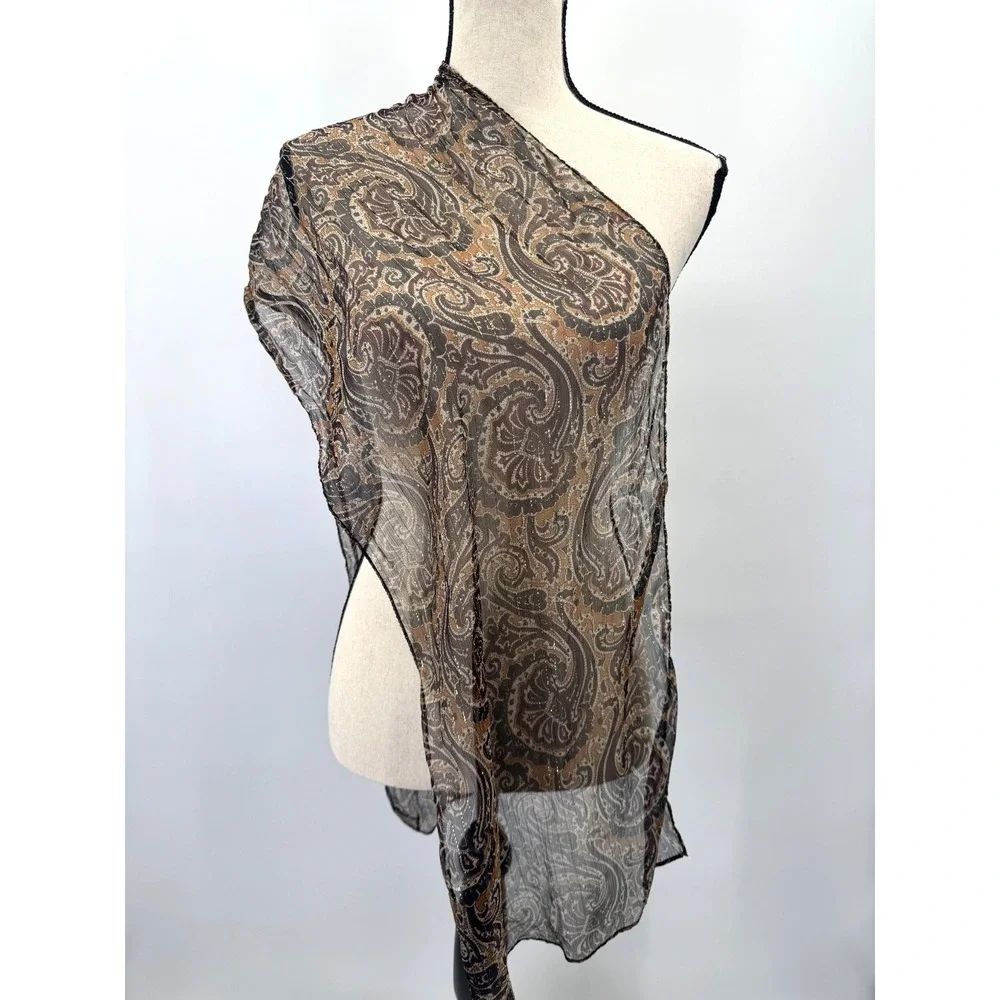 Cejon Brown Gold Silk Paisley Scarf Wrap Boho Earthy Lightweight Sheer Shawl